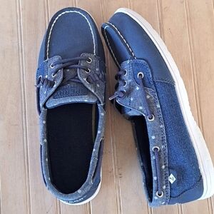 Sperry Kids Shoresider 3 Eye Boat Shoe Denim Polka Dot Blue Canvas Top Slider